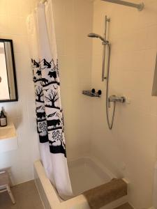 a bathroom with a bath tub with a shower curtain at Aareblick 68 Charming studio with river view in Goldswil +20 photos