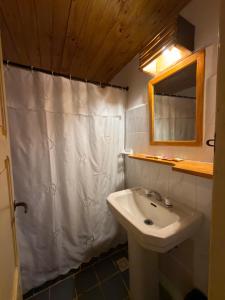 a bathroom with a white shower curtain and a sink at Posada San Eduardo in Barreal +48 photos