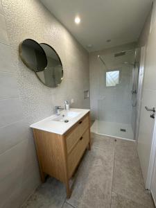 a bathroom with a sink and a mirror and a shower at Villa les pins in Chambonas +10 photos