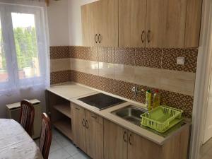 a kitchen with wooden cabinets and a sink and a window at Árpád Vendégház in Hajdúszoboszló +2 photos