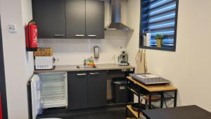 a small kitchen with black cabinets and a counter at Landkamer in Bolsward