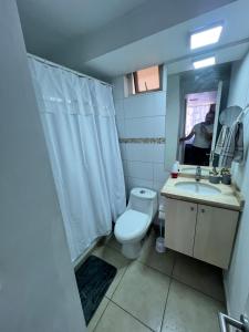 a bathroom with a toilet and a sink and a mirror at Mar & Costa Valparaíso in Valparaíso +4 photos