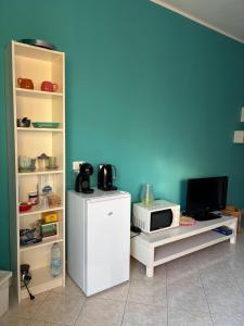 eine Küche mit Kühlschrank und Mikrowelle in der Unterkunft Ca' Susy in Samone