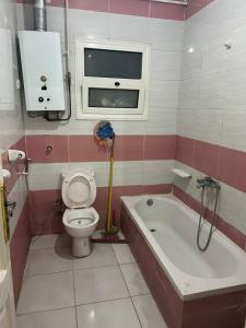 a bathroom with a toilet and a tub and a window at Light Tower in Alexandria