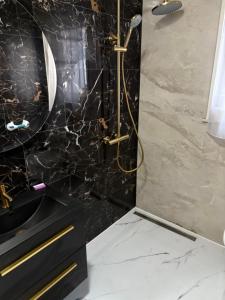 a bathroom with a shower with a black marble wall at Amstelmeer Kamer in Westerland