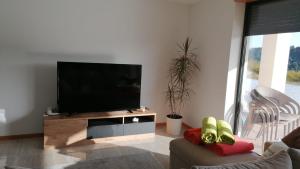 a living room with a flat screen tv on a entertainment center at Sunny Haven-Villa in Ponte de Lima