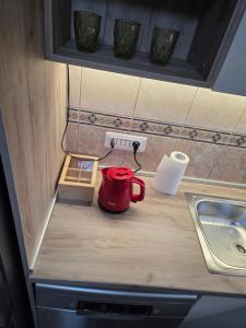 a red mug sitting on a counter next to a sink at Cosy Apartment in Podgorica - Fast WiFi & cable TV in Konik +26 photos