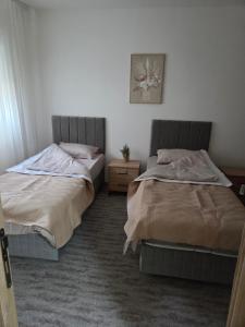 two beds sitting next to each other in a bedroom at Cosy Apartment in Podgorica - Fast WiFi & cable TV in Konik