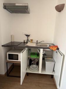 a kitchen counter with a sink and a microwave at L'Overlord , meublé de tourisme in Colleville-sur-Mer +42 photos