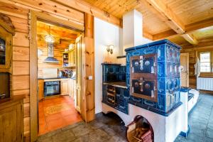 a kitchen with a blue stove in a room at Chalupa Pod Lomem in Dolní Morava
