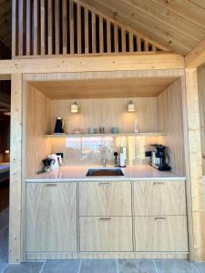 a kitchen with a sink and a counter top at Storøya Lodge Lofoten in Vestvågøya +22 photos