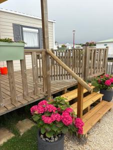 a wooden deck with flowers in pots next to a house at Bungalow 6 personnes in Équihen-Plage