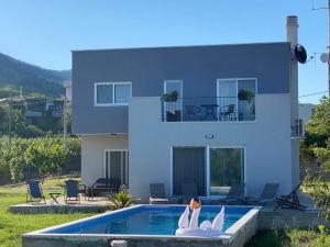 a house with a swimming pool with two swans in it at Villa Oaza in Bar