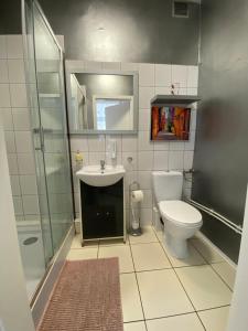 a bathroom with a toilet and a sink and a shower at Stacja Centrum in Częstochowa +43 photos