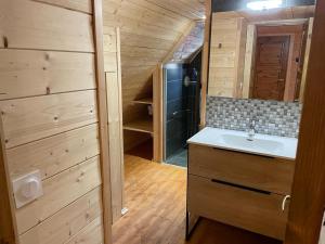 a small bathroom with a sink and a shower at Les Chalets de L'Ecrin in La Joue du Loup