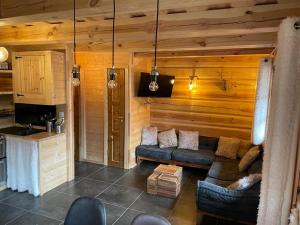 a living room with a couch and a kitchen at Les Chalets de L'Ecrin in La Joue du Loup +22 photos