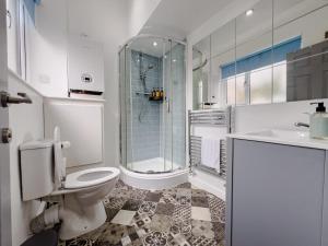 a bathroom with a toilet and a shower and a sink at Stylish Loft in Stockport - Free Parking - 10 min to Manchester - Flat 1 in Stockport +45 photos