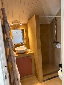 a bathroom with a sink and a shower in it at Beach House Texel in De Koog +26 photos