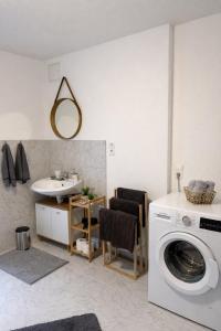 a bathroom with a washing machine and a sink at Ferienwohnung LAZ am Dreiländereck in Bad Säckingen +8 photos