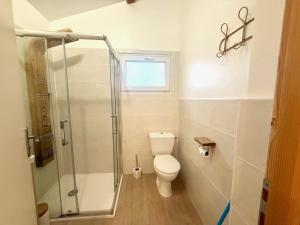 a bathroom with a toilet and a glass shower at Studio indépendant près Salagou in Le Bosc +1 photo