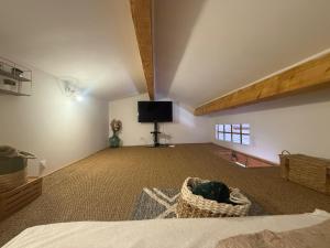 a room with a bed and a tv on the wall at Studio indépendant près Salagou in Le Bosc