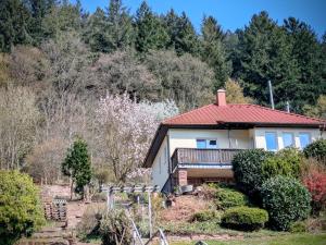 a house with a red roof and trees at Casa Tilly - Ferienhaus am Wald in Zwingenberg