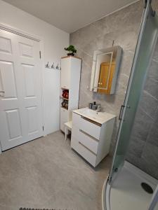 a bathroom with a sink and a white refrigerator at Clonakilty Cozy Nest in Clonakilty