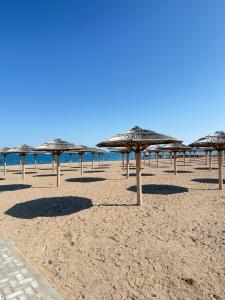 a row of straw umbrellas on a sandy beach at Коттедж Alfa in Koshkolʼ