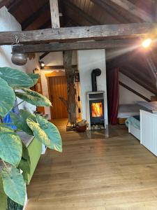 a living room with a fireplace in a house at BLUELAND Loft in Hechendorf +51 photos