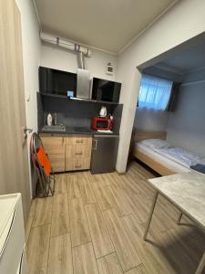 a small room with a kitchen and a bed at Beregi Apartman in Tiszaújváros