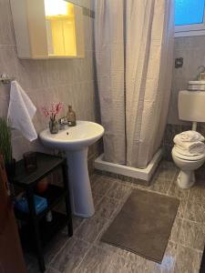 a bathroom with a sink and a toilet and a shower at Castle Town Apartment in Dhidhimótikhon
