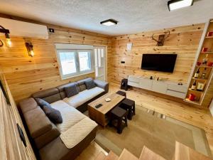 a living room with a couch and a table at Planinski vuk chalet in Žabljak