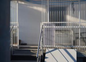 a staircase leading up to a building with a glass facade at Ferienwohnung in der Region Warstein in Warstein