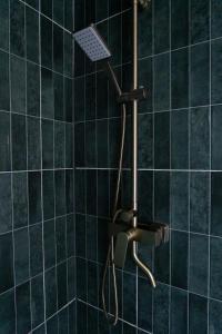 a shower with a shower head in a green tiled bathroom at Acasa Straja - Green Cottage in Lupeni +39 photos