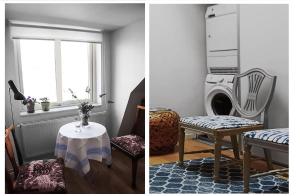 a room with a table and a chair and a washing machine at Cozy loft living in Malmö