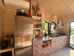 a kitchen with a stainless steel refrigerator in a cabin at Ezermāja "Spārītes" in Geraņimova