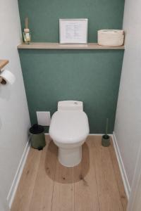 a white toilet in a bathroom with a green wall at Maison 8p 4ch A31 Recharge electrique in Rolampont