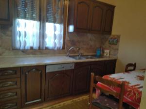 a kitchen with wooden cabinets and a sink and a table at The Garden Guest House in Divjakë