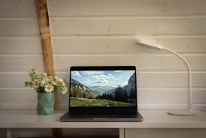 a laptop computer sitting on a desk with a lamp at Acasa Straja - Treehouse in Lupeni