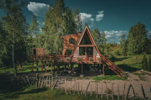 a house on a wooden frame in a field at Acasa Straja - Treehouse in Lupeni