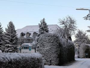 a house covered in snow with trees and bushes at Zenners Landhotel in Newel