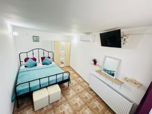 a bedroom with a blue bed and a tv at LakeViewHouse in Năvodari