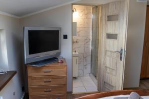 a bathroom with a television and a shower with a television at U Marysi i Jerzego in Żarnowska +97 photos