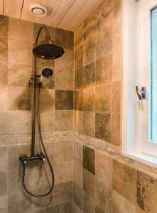 a shower with a shower head in a bathroom at Les Crins Du Bonheur Chambre et Table Hôtes Belle Vue in Fraisse +58 photos