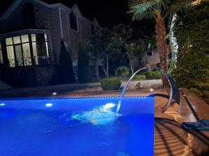 a pool with a water slide in a yard at night at Qebele hot pool in Gabala