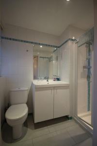 a bathroom with a toilet and a sink and a shower at Atlantic Heights Guest House in St Ives