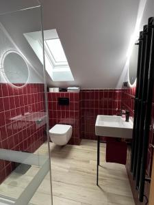 a bathroom with a toilet and a sink and a mirror at Apartmán vinařství U Krčků in Zaječí +18 photos