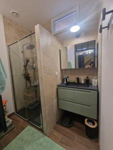 a bathroom with a sink and a shower at L'escapade colorée anciennement La Vieille Forge in Rieux-Minervois +33 photos