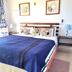 a bedroom with a bed with a blue comforter at BLUE HOUSE OCEAN VIEW in Santa Bárbara de Samaná +34 photos