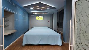 a room with a bed in a room with blue walls at HOTEL PLAZA PACHUCA in Zapotlán de Juárez